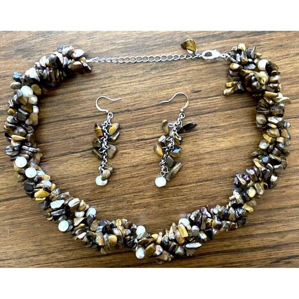 Tigers Eye Triple Strand Choker Necklace & Earrings Demi Parure Set Statement